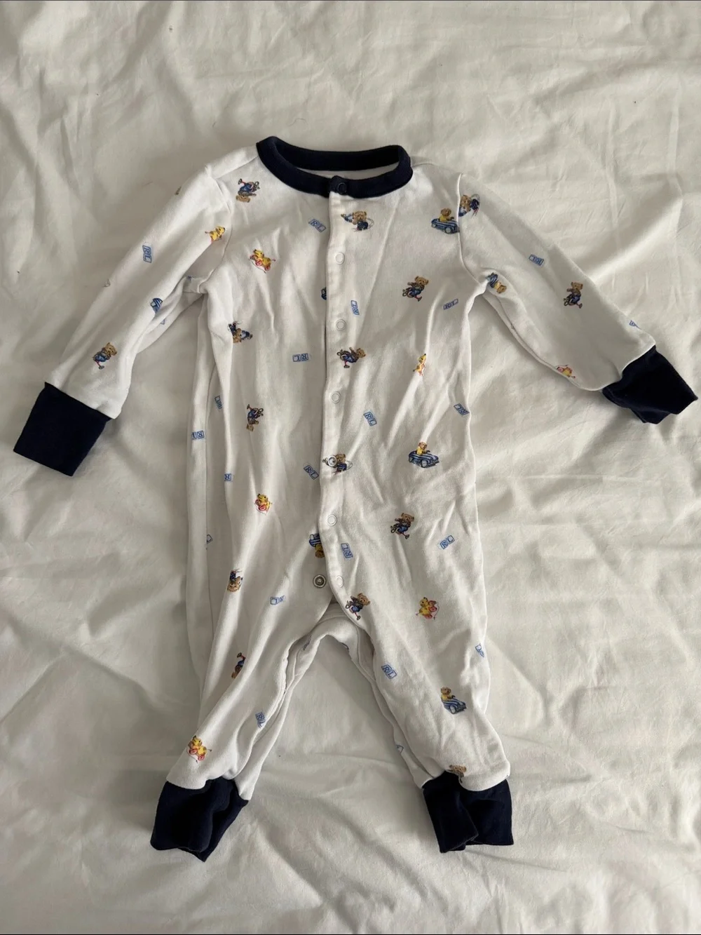 White and Navy Baby One-Piece Sleeper with Character Print 3-6 months